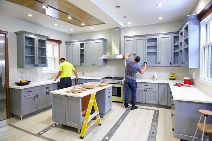 Modern kitchen remodel in New York home with white cabinets and quartz countertops.